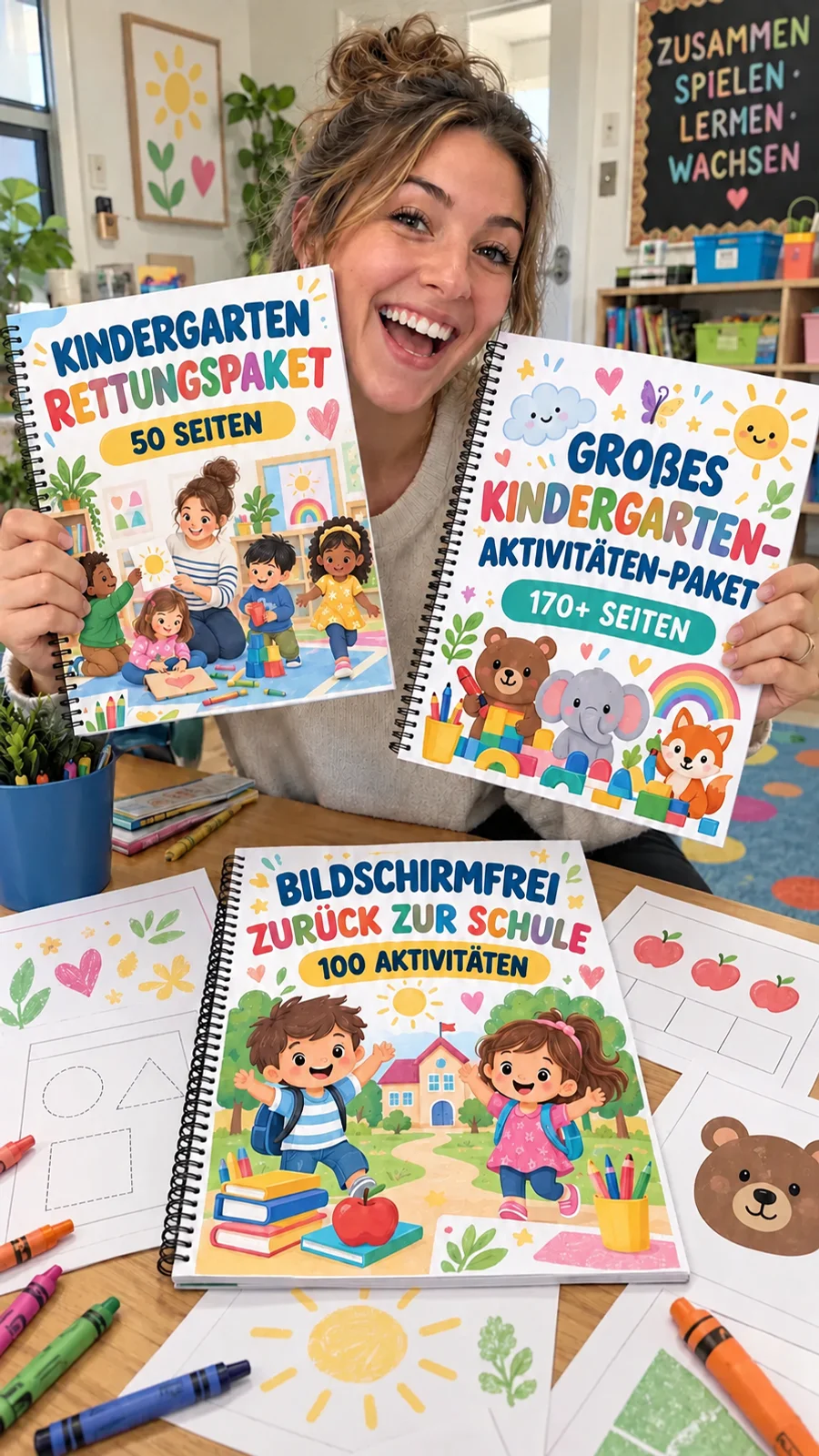 Lehrerin zeigt drei deutschsprachige Kindergarten-Aktivitätenpakete